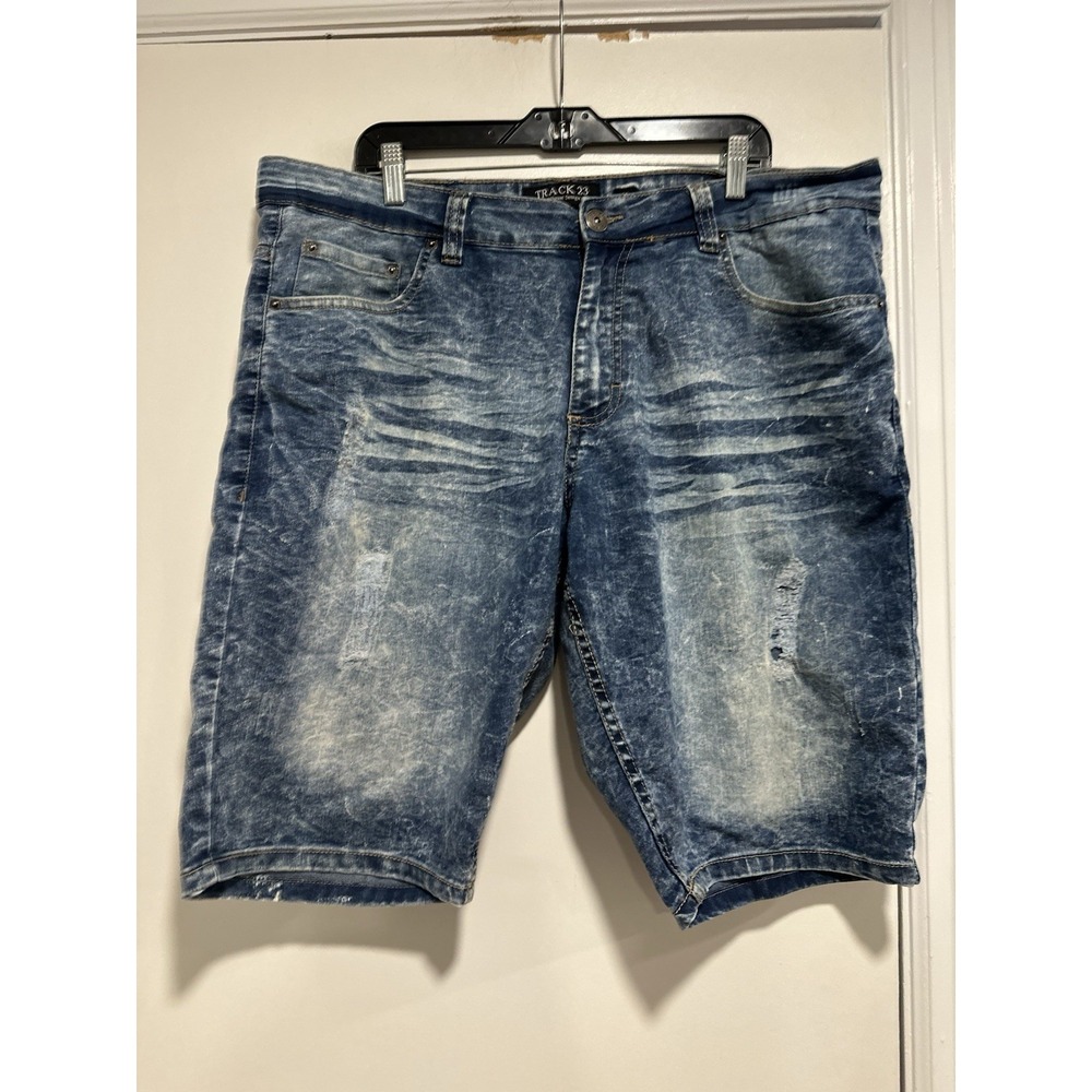 TRACK 23 Mens Sz34 Streetwear Distressed Blue Wash Denim Short Jorts Skinny Fit